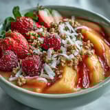 A thick, creamy guava and mango smoothie bowl with granola, coconut flakes, and fresh berries for breakfast.