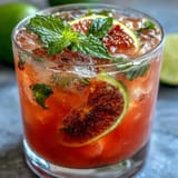 Chilled guava nectar drink in a frosty glass with mint garnish and lime wedge.