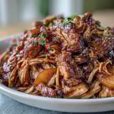 Tender shredded pork simmered in peach and honey BBQ sauce, perfect for summer sandwiches.  