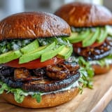 Hearty vegetarian portobello mushroom burgers piled high with fresh veggies, ready to grill.