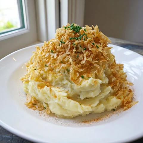 Fluffy Garlic Mashed Potatoes topped with golden, crispy fried onion crumble, ready to serve and enjoy.