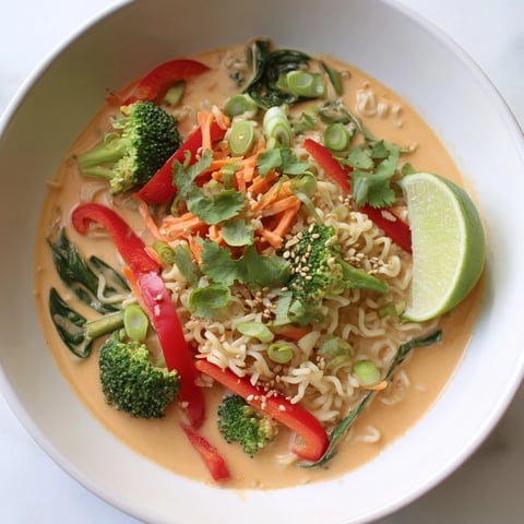 Steamy bowl of one-pot curry ramen, a creamy coconut broth loaded with vibrant vegetables.