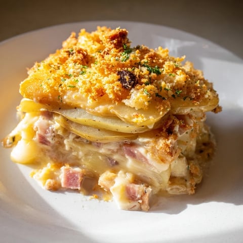 Golden, bubbly Ultra Creamy Ham and Potato Scallop Casserole, a comforting family favorite with melted cheese.