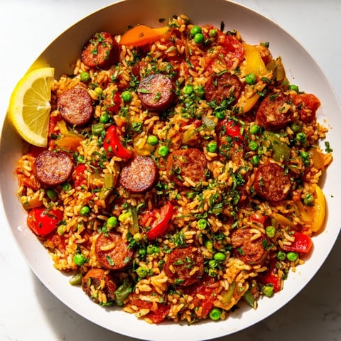 One-Pot Spanish Chorizo and Rice Skillet: a hearty Spanish dish with browned chorizo and colorful peppers.