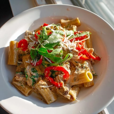 Bright photo of creamy Cajun Dirty Snow Chicken Pasta, ready to serve with colorful vegetables.