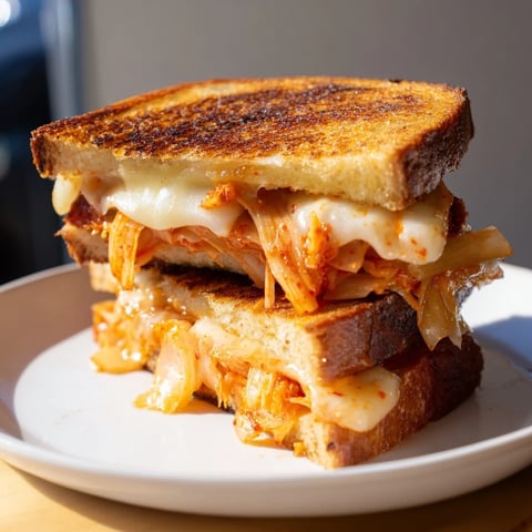 Kimchi Turkey & Cheddar Toasted Grilled Cheese: Golden sourdough bread and melted cheese, perfect for lunch.