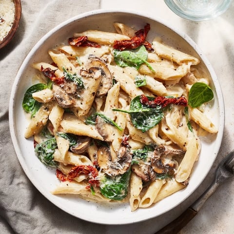Creamy sun-dried tomato mushroom penne skillet, a comforting Italian pasta dish with fresh basil.