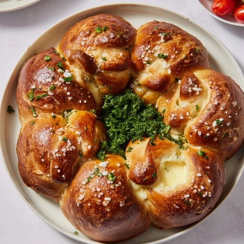 Pull-apart, golden brown Pretzel Joy Wreath, a cheesy appetizer for a joyful holiday.