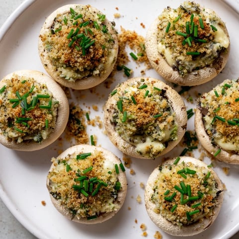 Golden brown Stuffed Mushroom Caps arranged in a ring, a savory appetizer perfect for sharing.