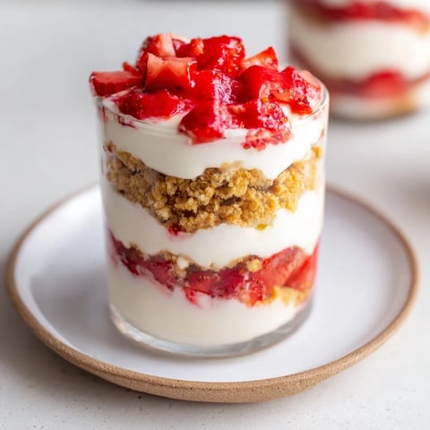 Delectable Strawberry Cheesecake Parfait, layered with fresh strawberries, looks vibrant and refreshing.