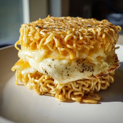 Golden-brown Ramen Grilled Cheese, oozing with melted cheese, makes a satisfying, fun lunch.