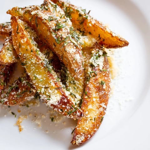 Golden Rosemary Parmesan Potato Wedges, ready to eat, with crispy edges and melted cheese.