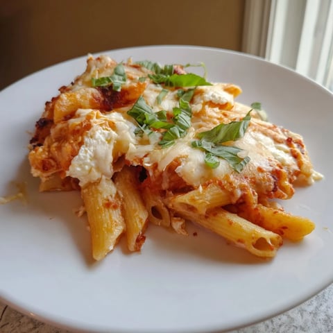 Golden-brown Four Cheese Baked Pasta bubbling, oozing cheese, and ready for a comforting bite.
