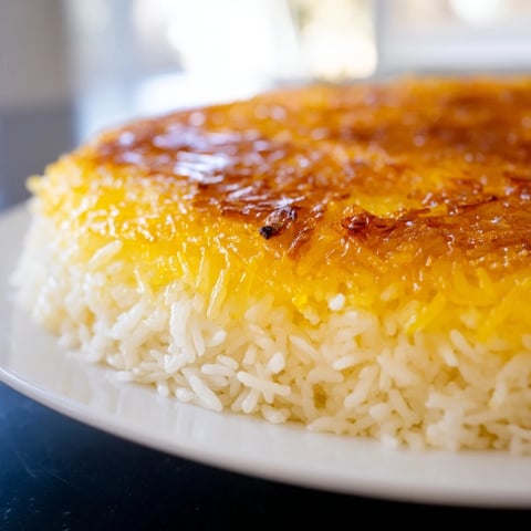 Golden-crisp Persian Tahdig rice with a caramelized crust is a stunning, aromatic side dish for dinner.