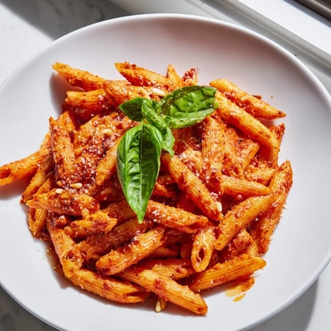 Close-up of creamy Sun-Dried Tomato Pesto Pasta glistening with olive oil, garnished with fresh basil and grated Parmesan.