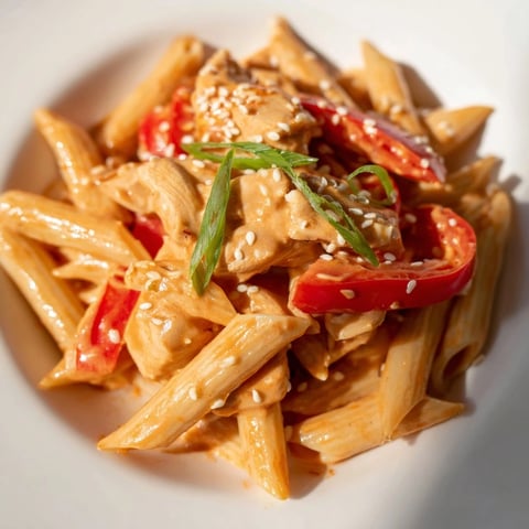 Steaming Sweet Chili Chicken Pasta twirls in creamy sauce, with sautéed chicken and red bell pepper nestled among penne.