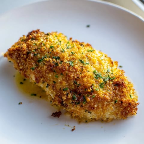 Golden-brown Roasted Garlic Parmesan Chicken breasts fresh from the oven, garnished with chopped parsley.  