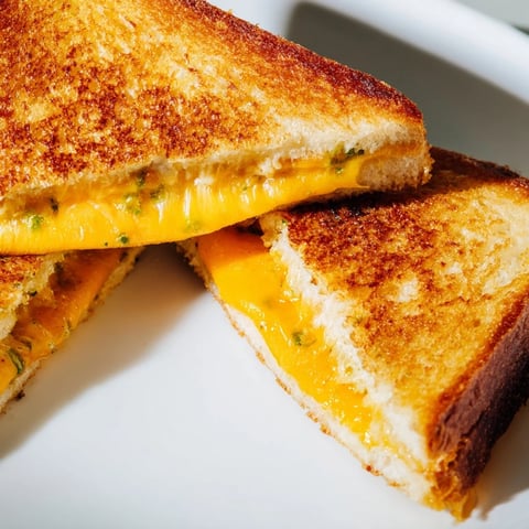 Golden-brown grilled cheese sandwich sliced on a cutting board, revealing melted cheddar and cream cheese with jalapeño peppers inside.