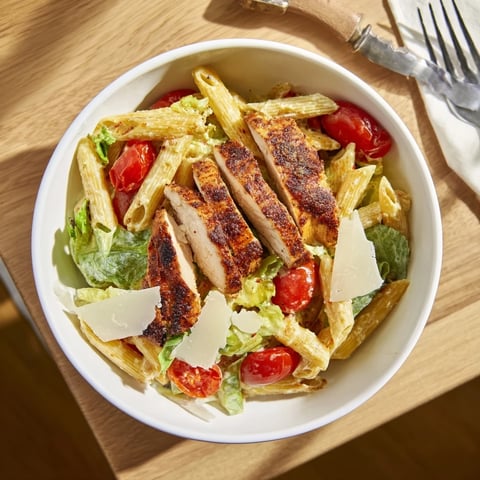 Steaming bowls of Spicy Chicken Caesar Pasta feature grilled chicken, creamy dressing, and crisp romaine.