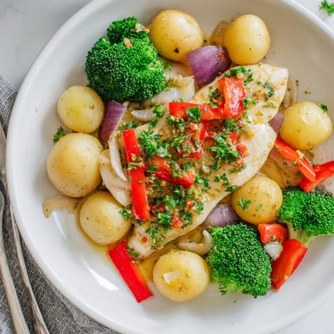 Sheet pan Lemon Butter Tilapia recipe: Flaky fish and roasted, colorful vegetables.
