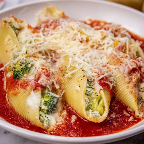 Jumbo shells overflowing with creamy broccoli ricotta filling, baked in rich marinara sauce.