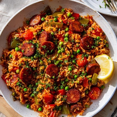 Sizzling One-Pot Spanish Chorizo and Rice Skillet: imagine the smoky chorizo atop fluffy rice, served with lemon.