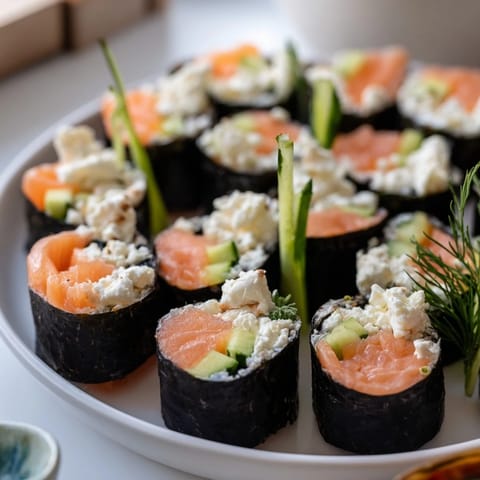 Beautifully plated High-Protein Sushi Wrap Smoked Salmon Holiday Rolls ready to be dipped in soy sauce.