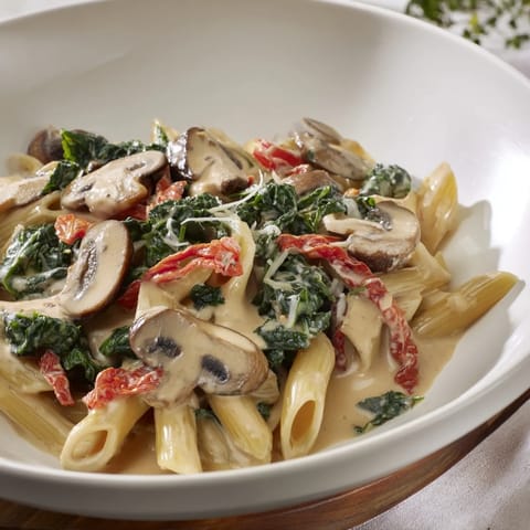 Delicious creamy sun-dried tomato mushroom penne skillet, perfect for a quick, flavorful weeknight meal.