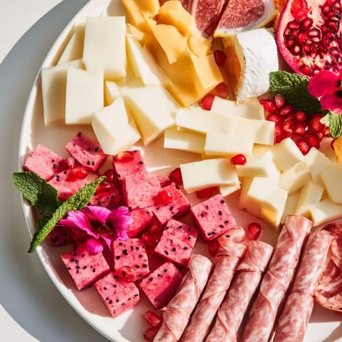 A colorful Flamingo Paradise Board, overflowing with fresh fruit, cheese, and charcuterie, ready to enjoy.