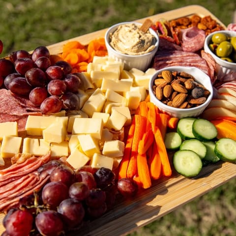 This stunning Picnic Basket Snack Board features fresh fruit, cheese, and meats arranged invitingly for sharing.