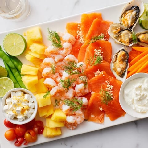 Wave Rider Surfer Snack Board featuring vibrant fruits, seafood, and dips for a beach-ready appetizer.