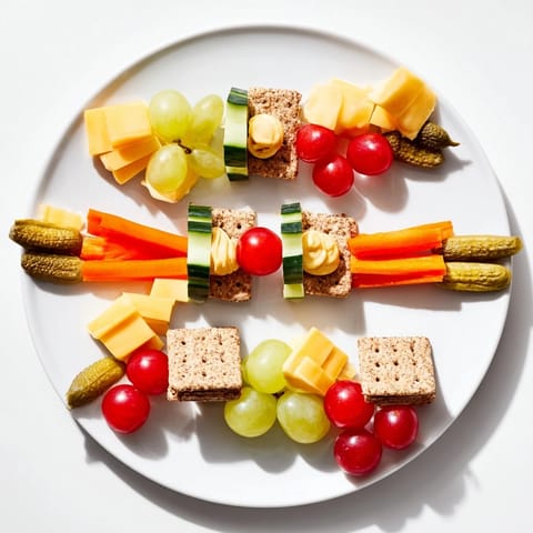 Choo Choo Train Snack Track loaded with colorful fruits, veggies, cheese, and whole-grain crackers arranged playfully.
