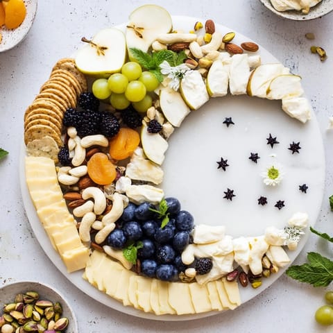 This Crescent Moon Midnight Snack Board displays a beautiful arrangement of cheeses, grapes, and crackers, ideal for a night-time snack.