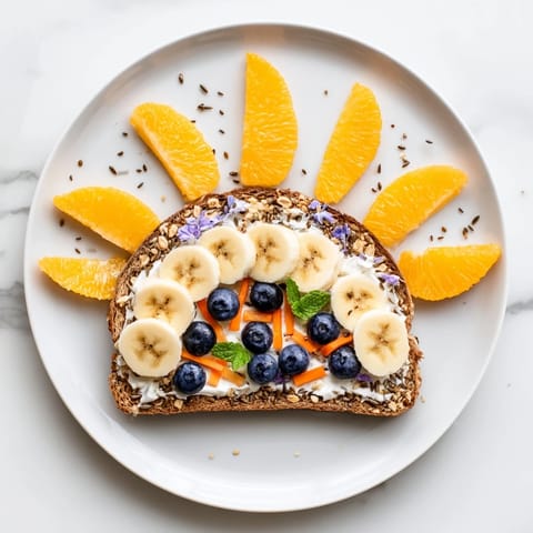 Enjoy a creative Morning Sun Breakfast Toast: vibrant fruit art on toasted artisan bread, ready to eat.