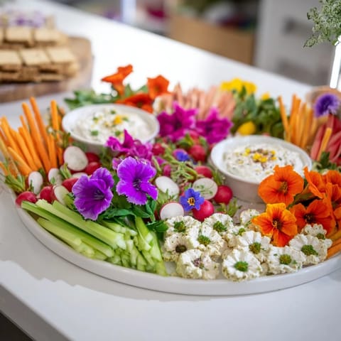 A vibrant Fairy Garden Platter with edible flowers, fresh veggies and creamy dips awaits your enjoyment!