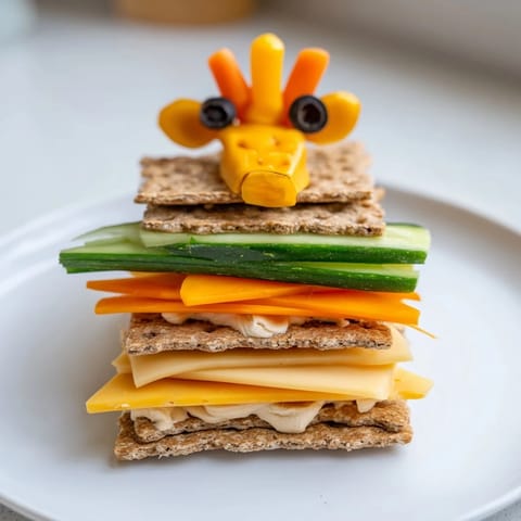 Enjoy the visually pleasing layers of a creamy Giraffe Tall Cracker Stack, ready for snacking!