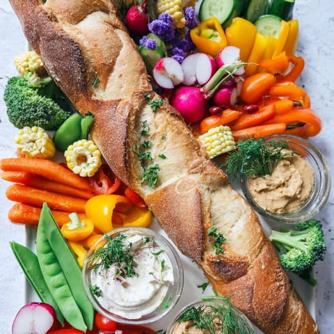 A healthy cornucopia veggie board with a baguette horn spilling colorful raw vegetable sticks and dips.