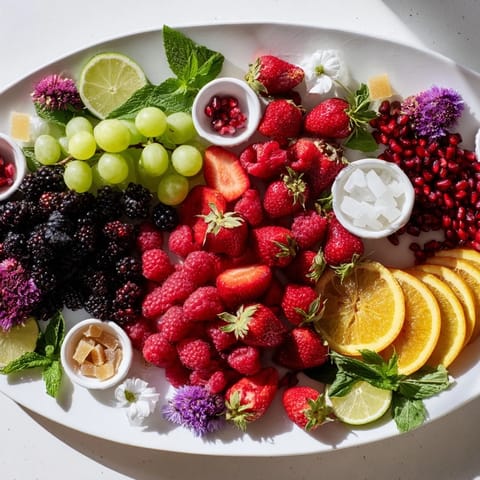A vibrant Bubbly Bar Garnish Platter overflowing with fresh berries and citrus slices for the perfect party.