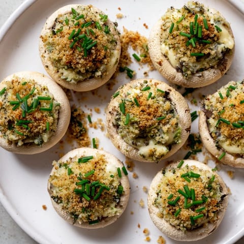 Golden brown Stuffed Mushroom Caps arranged in a ring, a savory appetizer perfect for sharing.