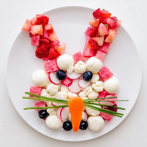 A colorful Bunny Silhouette appetizer: a creative party platter with fresh strawberries and mozzarella.