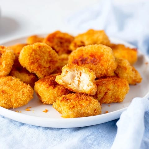 Close-up of freshly cooked Air Fryer Un-Fried Chicken Nuggets, offering a crunchy panko coating and juicy interior.