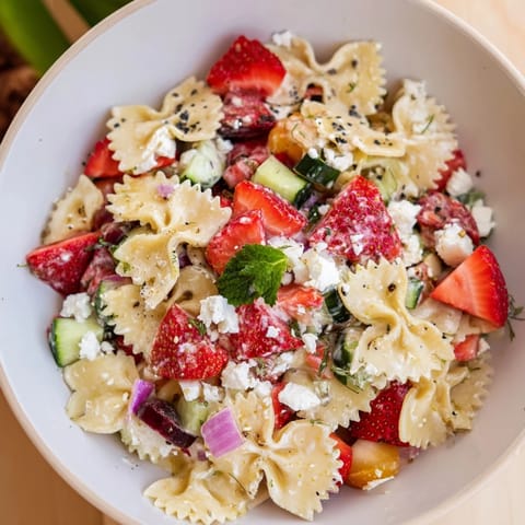 This Strawberry Feta Pasta features bright red berries, crumbled feta, and fresh herbs in a salad.
