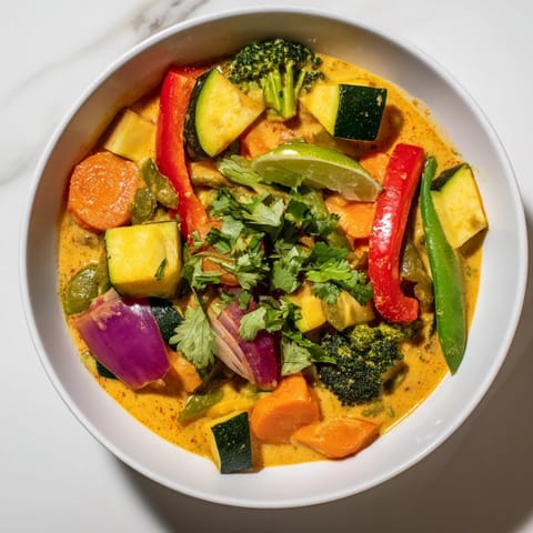 A comforting bowl of hearty Coconut Curry Vegetables, simmered in coconut milk, garnished with cilantro.