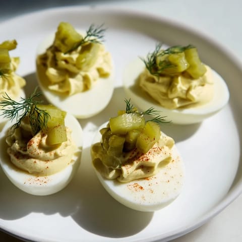 Creamy, flavorful Dill Pickle Deviled Eggs scooped onto egg whites, ready to enjoy.
