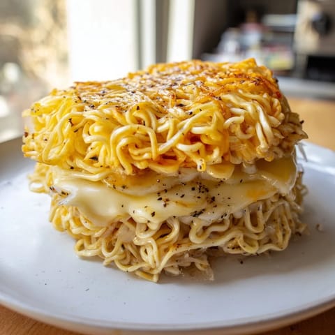 A close-up of a perfectly grilled Ramen Grilled Cheese sandwich, promising a delicious, crispy bite.