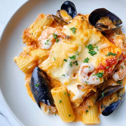 Golden baked Seafood Pasta Bake bubbling with cheesy goodness and a fresh parsley garnish.