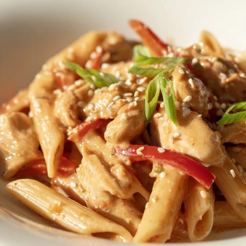 Bright, glossy noodles of Sweet Chili Chicken Pasta garnished with green onions and sesame seeds, ready for a hearty dinner.