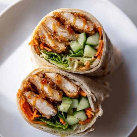 Golden-brown Honey Chili Crunch Chicken Wrap stuffed with crunchy veggies and drizzled with sweet-spicy sauce.