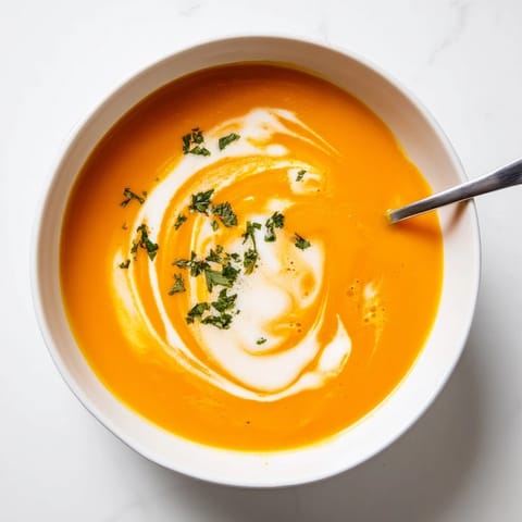 Silky blended Carrot Ginger Soup in a rustic white bowl, served alongside crusty artisan bread for dipping.  