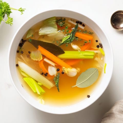 A pot of simmering Vegetable Broth From Scraps with carrot peels, onion skins, and fresh thyme, showcasing homemade, zero-waste cooking.  